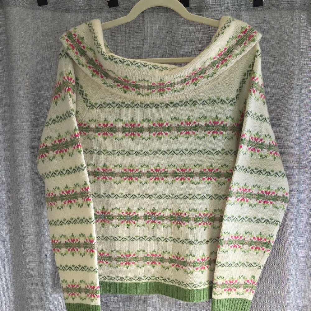 The Limited Cream and Green Cowl Neck Sweater